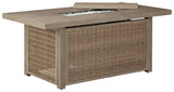 Beachcroft Beige Fire Pit Table head-on view showing wicker and burner