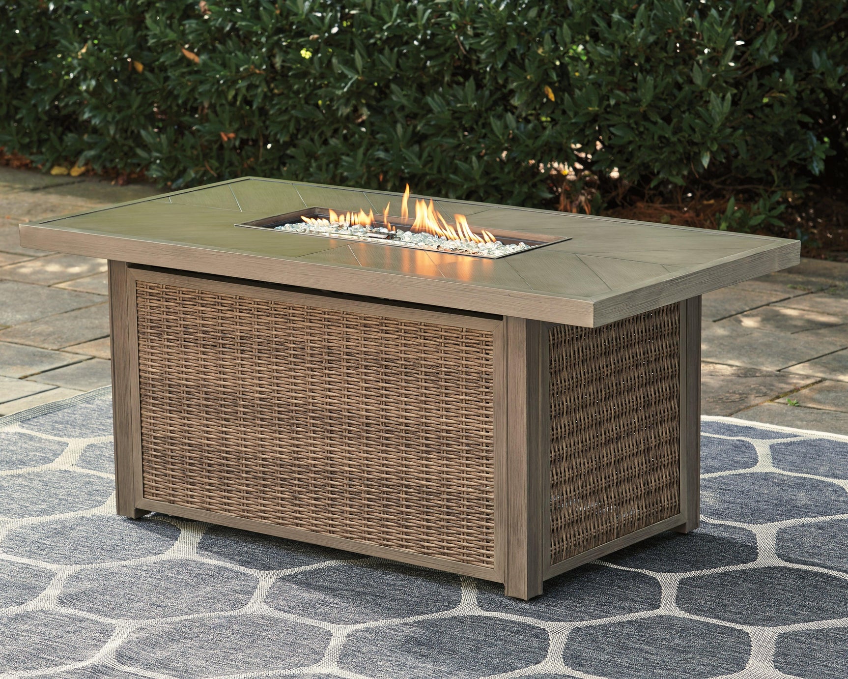 Beachcroft Beige Fire Pit Table side view illustrating aluminum frame