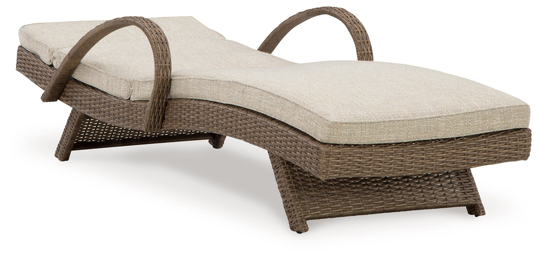 Beachcroft beige outdoor chaise lounge angled side view reclining