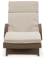 Beachcroft beige outdoor chaise lounge side view with cushion upright
