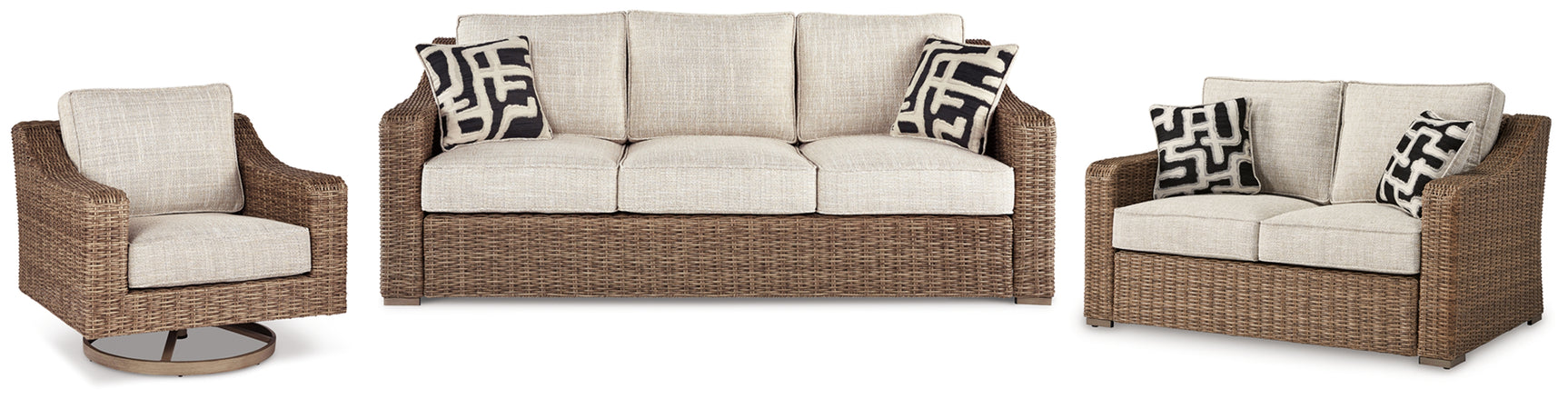 Outdoor loveseat with beige cushions