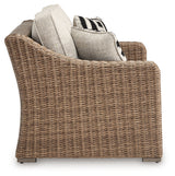 Beachcroft Beige Outdoor Loveseat angle showing arm detail