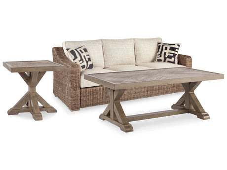 Coffee table with thick porcelain tabletop and X-leg base