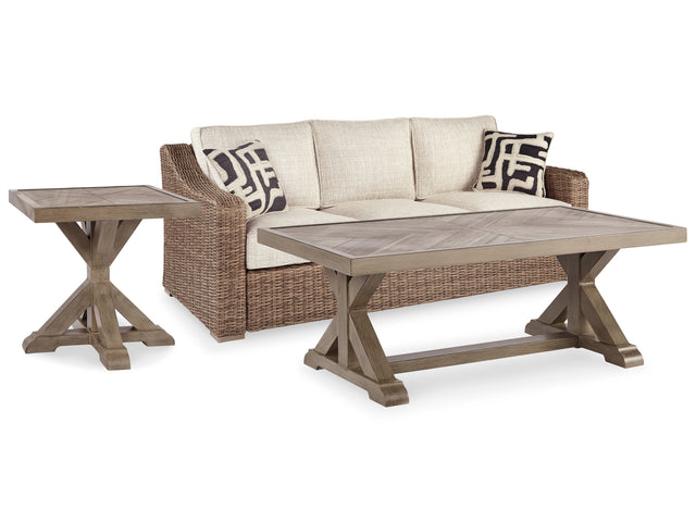 Coffee table with thick porcelain tabletop and X-leg base