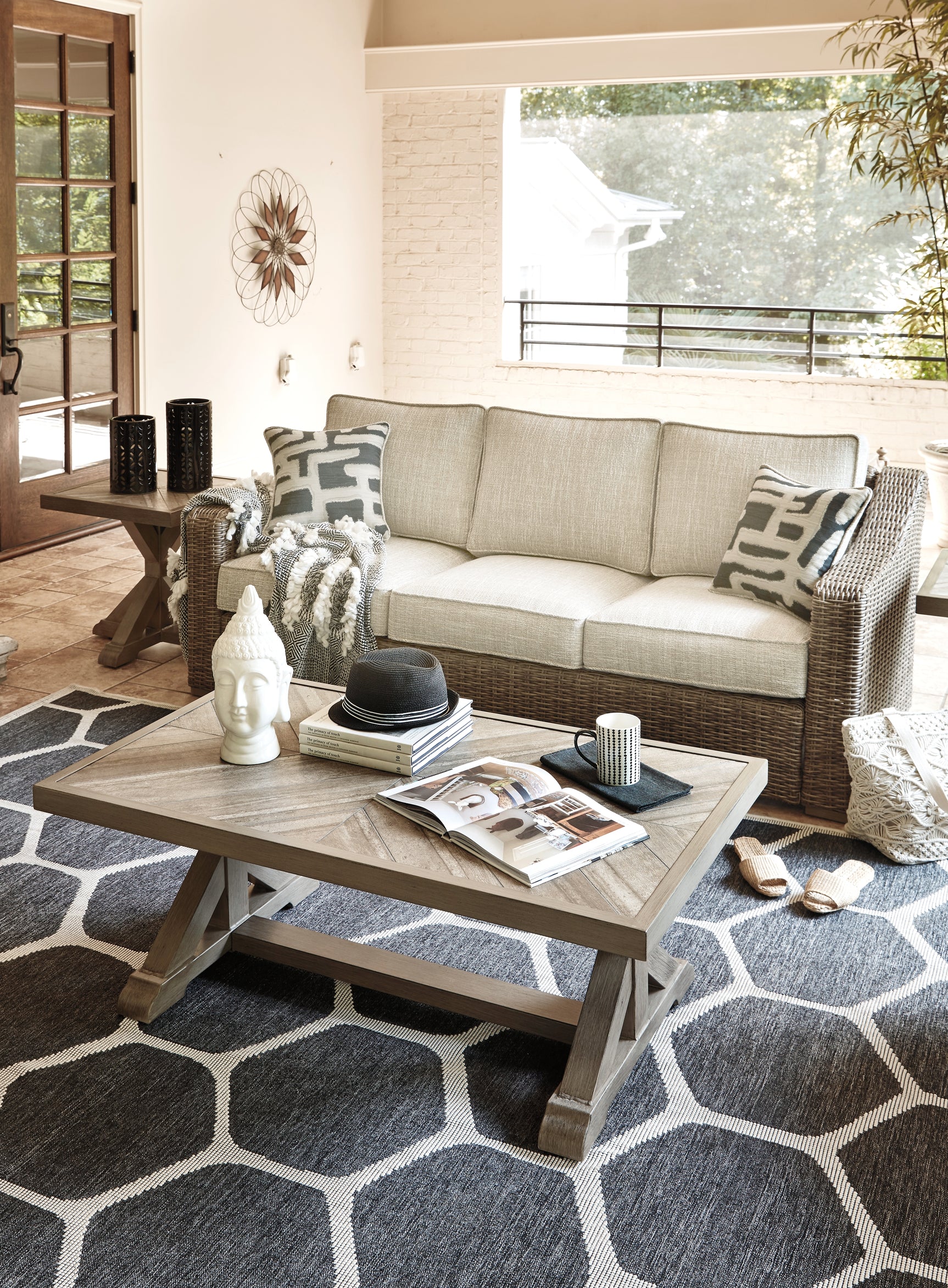 End table with thick porcelain tabletop in beige finish