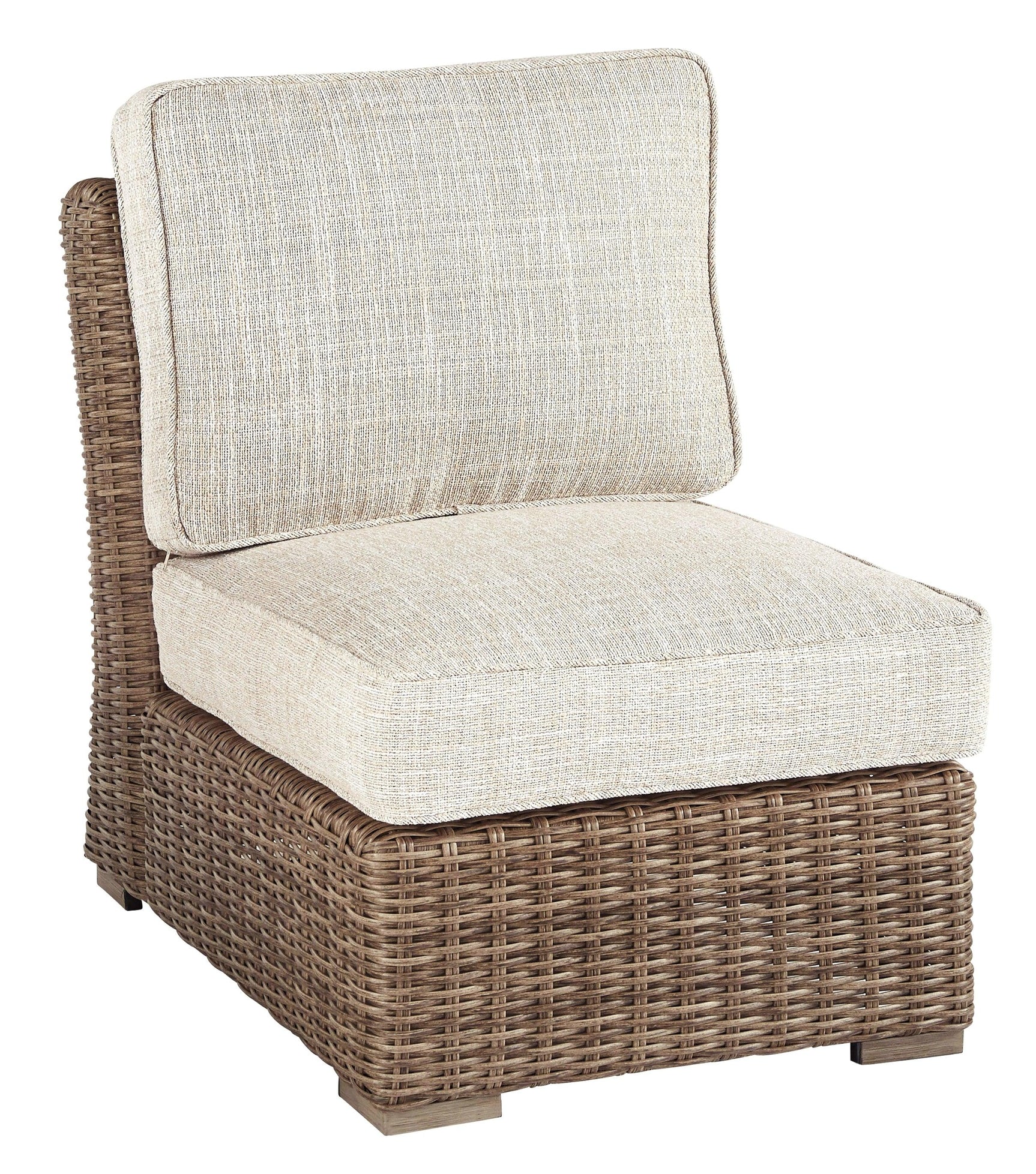 Three armless chairs with cushions in beige outdoor set
