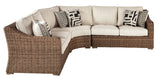 Beachcroft Beige 3-Piece Outdoor Sectional Seating Set showing left-arm and right-arm loveseats with cushions