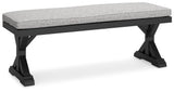 Bench with black frame and light gray seating, front view