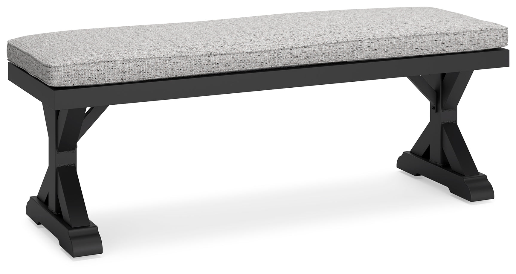 Bench with black frame and light gray seating, front view