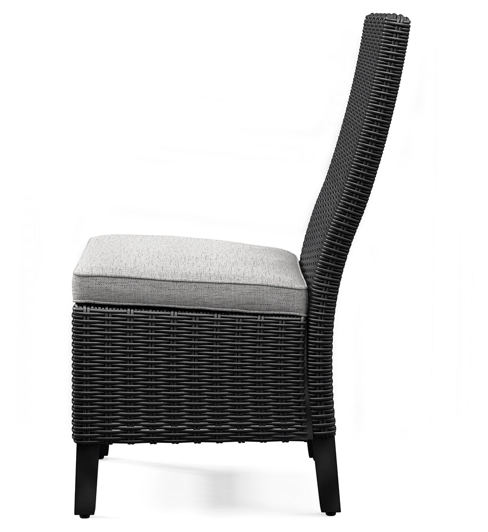 Set viewed from an angle showing table and chairs