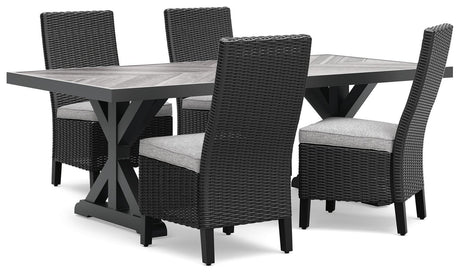 Close-up of plush light gray cushions on Beachcroft outdoor dining chair