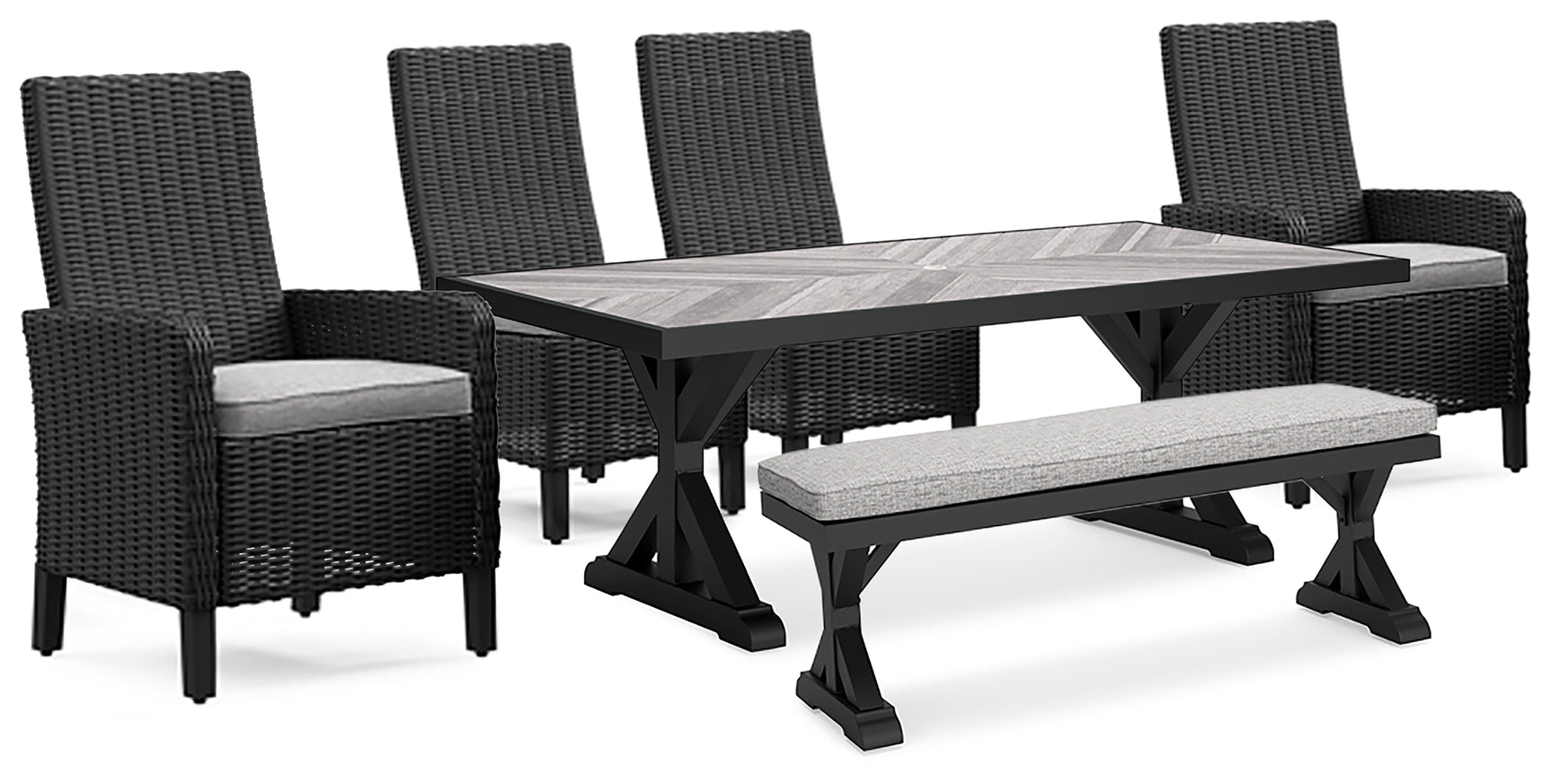 Matching chair with black frame and light gray seat, side angle