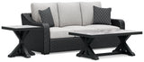 Coffee table with black frame and glass top, part of Beachcroft set