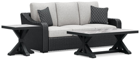 Coffee table with black frame and glass top, part of Beachcroft set