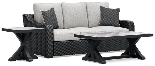 Coffee table with black frame and glass top, part of Beachcroft set