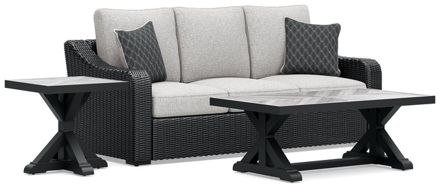 Coffee table with black frame and glass top, part of Beachcroft set