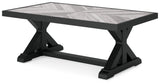 Beachcroft outdoor sofa set arranged on patio with coffee and end tables
