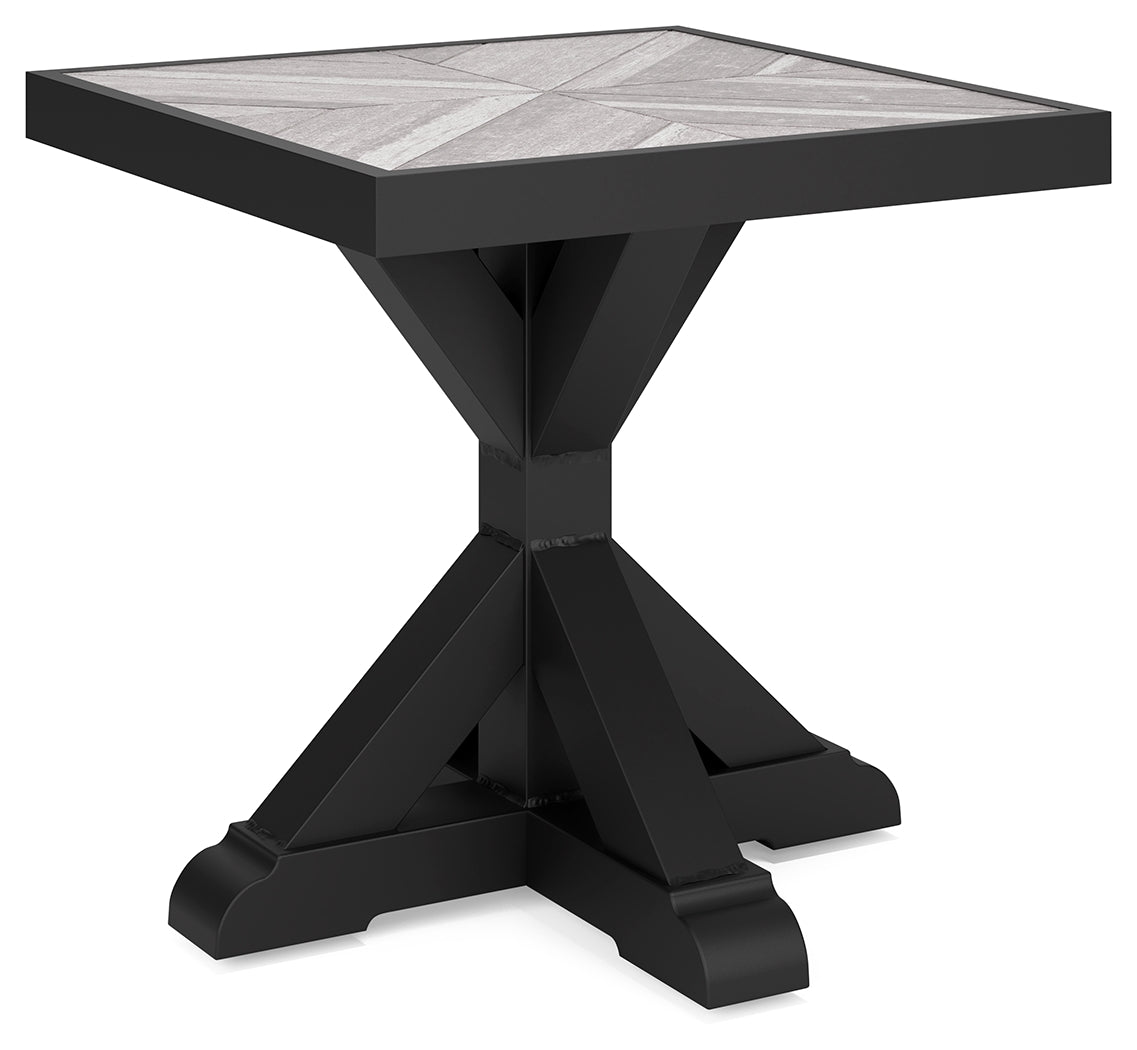 Beachcroft Black/Light Gray 2 Outdoor Chairs with End Table