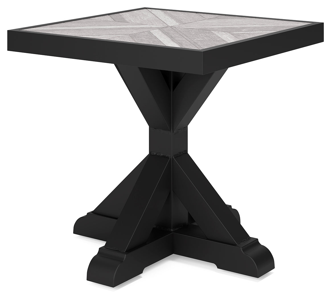 Beachcroft Black/Light Gray 2 Outdoor Chairs with End Table
