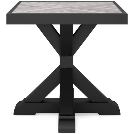 Beachcroft outdoor sofa set with coffee and end tables in black and light gray