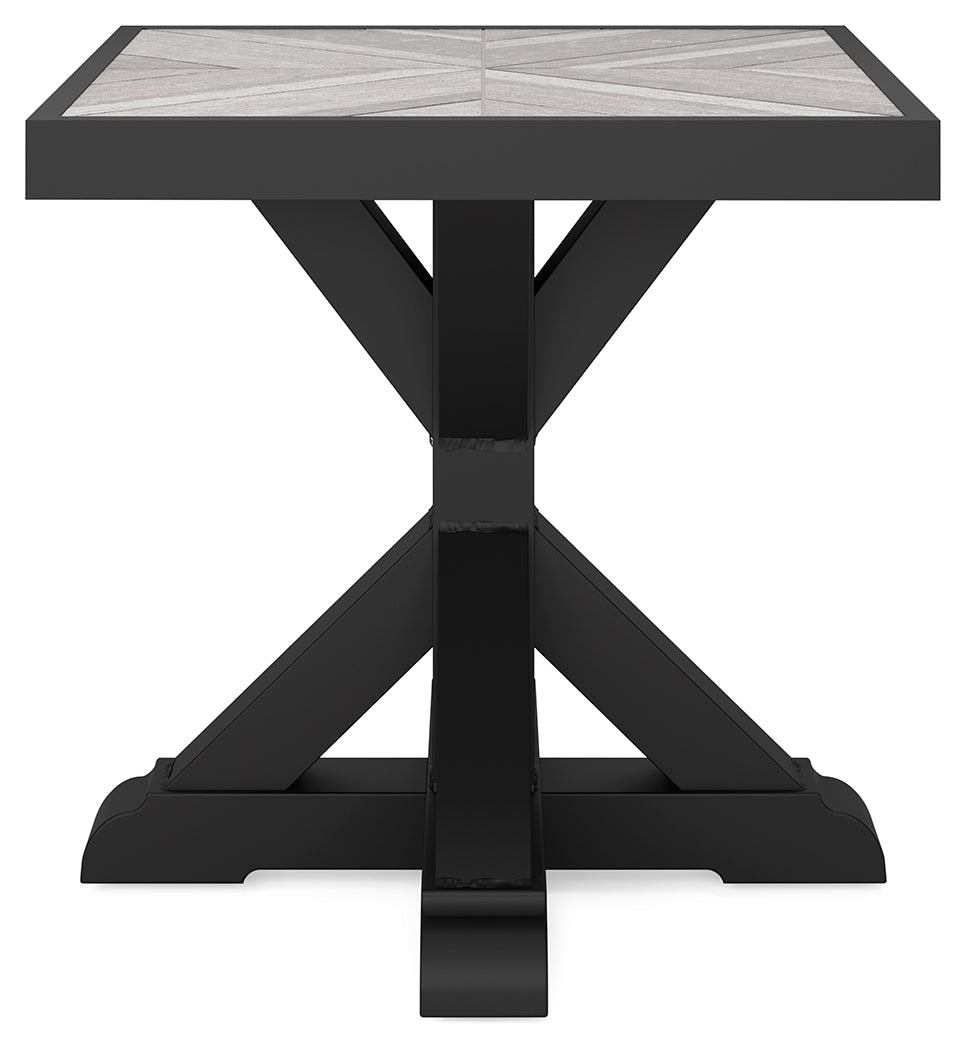 Beachcroft Black/Light Gray 2 Outdoor Chairs with End Table