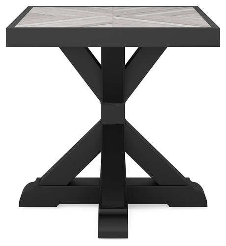 Beachcroft outdoor sofa set with coffee and end tables in black and light gray