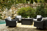 Beachcroft outdoor fire pit table and four chairs in black and light gray