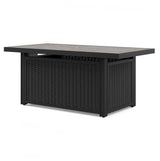Beachcroft outdoor fire pit table and four chairs in black and light gray