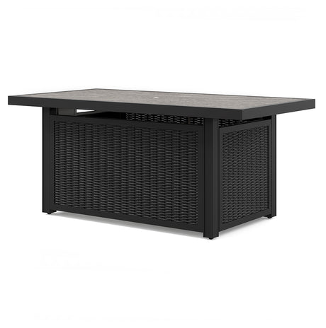 Beachcroft outdoor fire pit table and four chairs in black and light gray