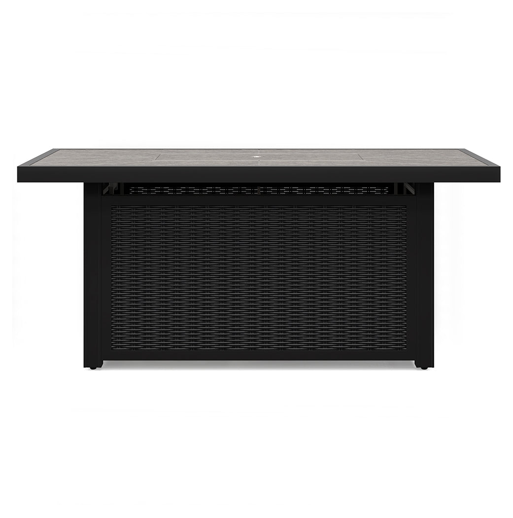 Side angle of Beachcroft outdoor fire pit table with chairs