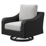 Beachcroft outdoor sofa set with black frame and light gray cushions from front angle