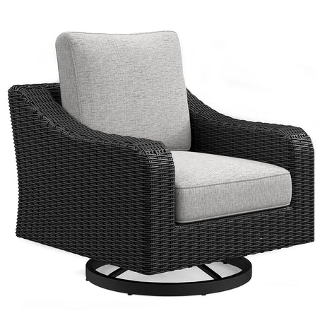 Beachcroft outdoor fire pit table and four chairs in black and light gray