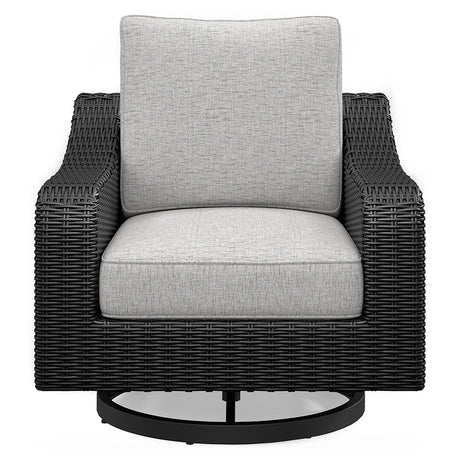 Beachcroft outdoor fire pit table and four chairs in black and light gray