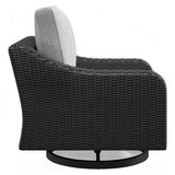 Beachcroft outdoor sofa set with black frame and light gray cushions from front angle