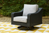Close-up of handwoven resin wicker and light gray cushion on Beachcroft swivel lounge chair