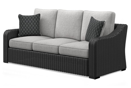 Beachcroft outdoor sofa set with coffee and end tables in black and light gray