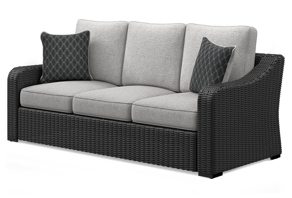 Beachcroft outdoor sofa set with black frame and light gray cushions