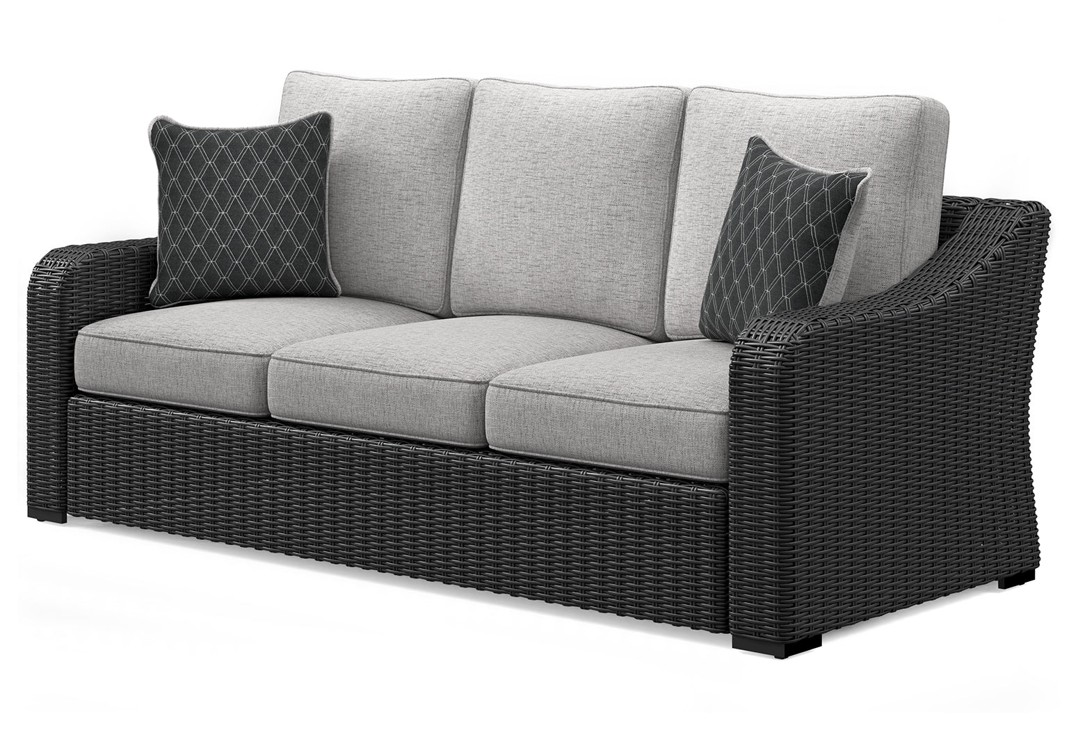 Beachcroft outdoor sofa set with black frame and light gray cushions