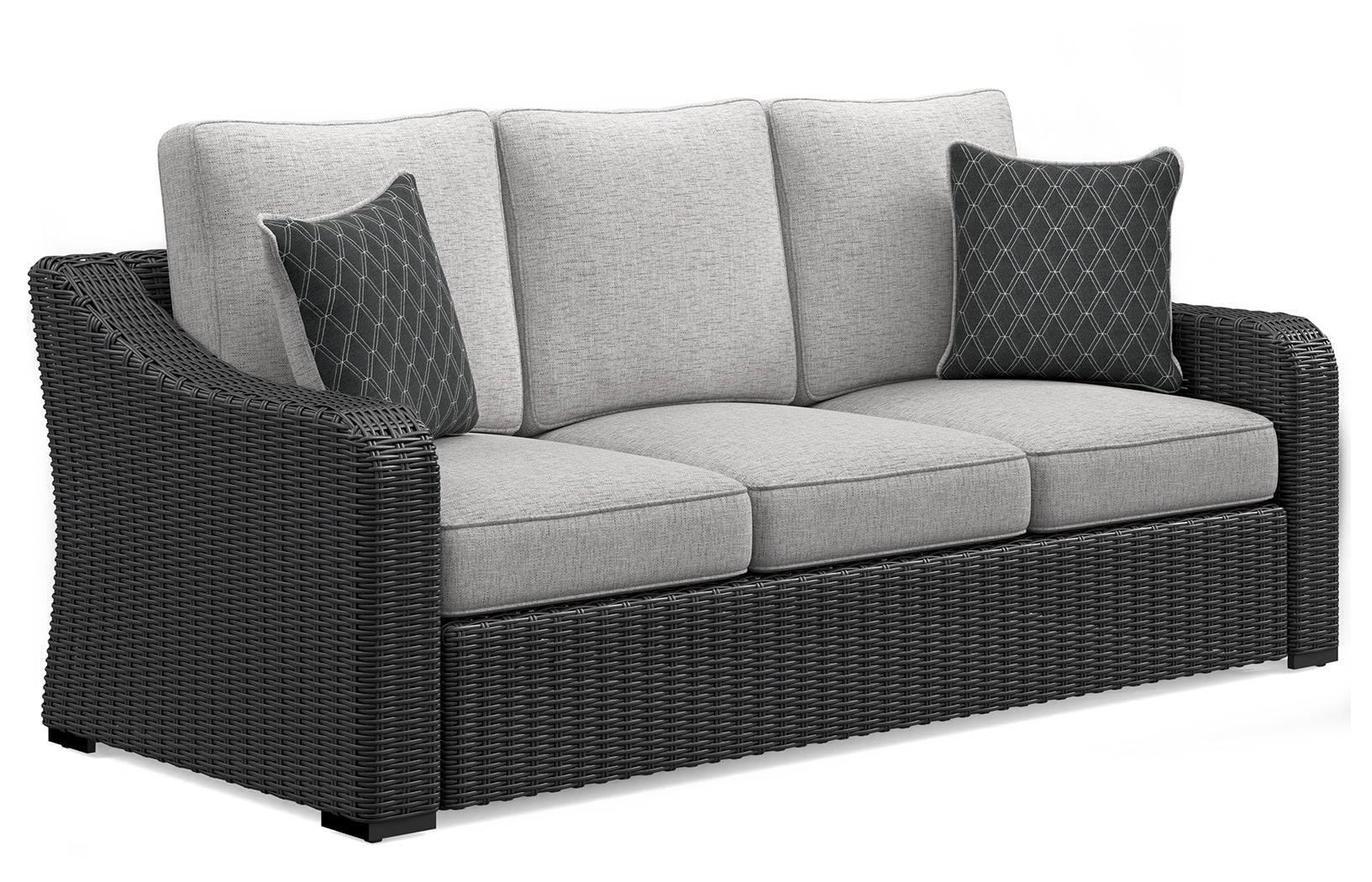 Beachcroft outdoor sofa set with black frame and light gray cushions