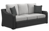 Beachcroft outdoor sofa set with coffee and end tables in black and light gray