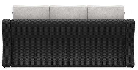 Beachcroft outdoor sofa set with coffee and end tables in black and light gray