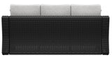 Beachcroft outdoor sofa set with black frame and light gray cushions