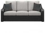 Beachcroft outdoor sofa back view showing wicker weave
