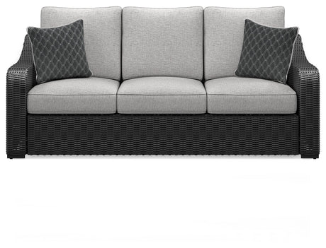 Beachcroft outdoor sofa back view showing wicker weave