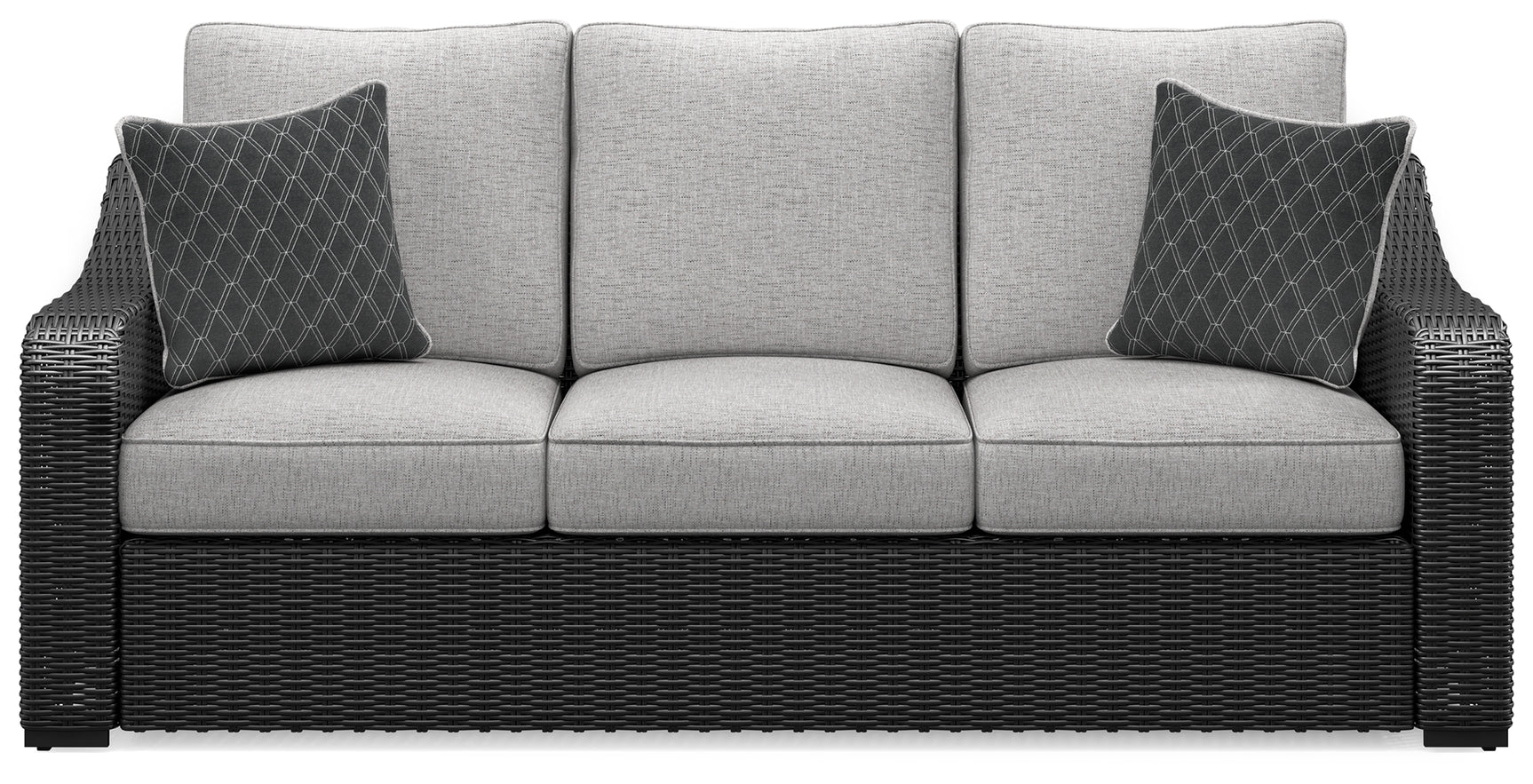 Beachcroft outdoor sofa set with coffee and end tables in black and light gray