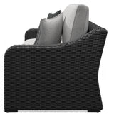 Beachcroft outdoor sofa set with coffee and end tables in black and light gray