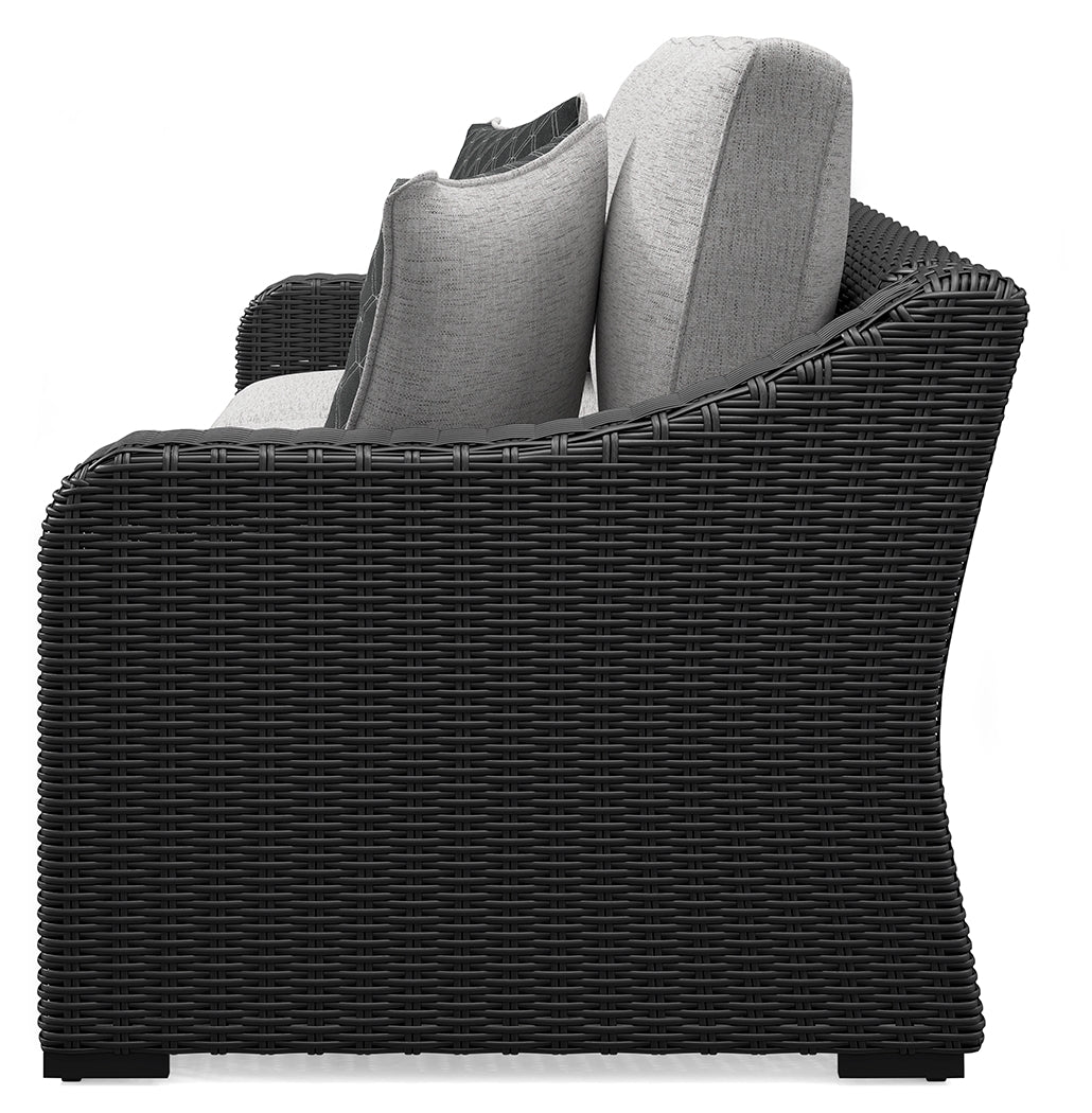 Beachcroft outdoor sofa set with coffee and end tables in black and light gray
