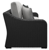 Beachcroft outdoor sofa set with coffee and end tables in black and light gray