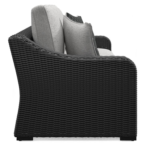 Beachcroft outdoor sofa set with black frame and light gray cushions