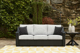 Beachcroft outdoor sofa set with black frame and light gray cushions
